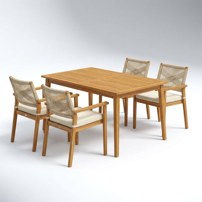 Outdoor Dining Set Built for All Weather, Acacia Wood Table, 4 Rattan Wicker Chairs, Light Teak Finish