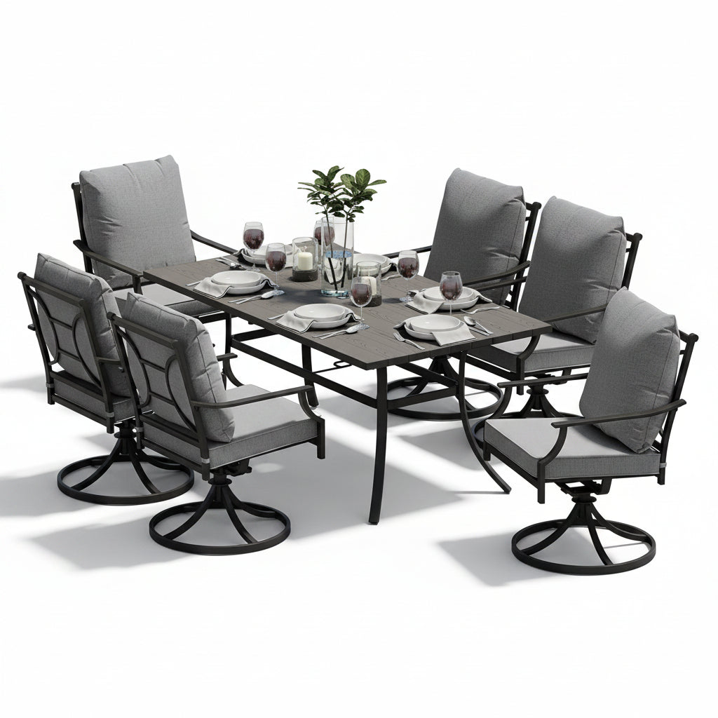 7-Piece Patio Dining Set for 6, E-Coated Outdoor Dining Set Swivel Patio Dining Chairs with Olefin Cushions & 1 Black Rectangular Faux Woodgrain Dining Table with 1.5”Market Umbrella Hole