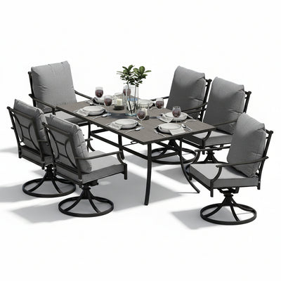 7-Piece Patio Dining Set for 6, E-Coated Outdoor Dining Set Swivel Patio Dining Chairs with Olefin Cushions & 1 Black Rectangular Faux Woodgrain Dining Table with 1.5”Market Umbrella Hole