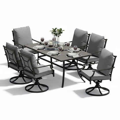 7-Piece Patio Dining Set for 6, E-Coated Outdoor Dining Set Swivel Patio Dining Chairs with Olefin Cushions & 1 Black Rectangular Faux Woodgrain Dining Table with 1.5”Market Umbrella Hole