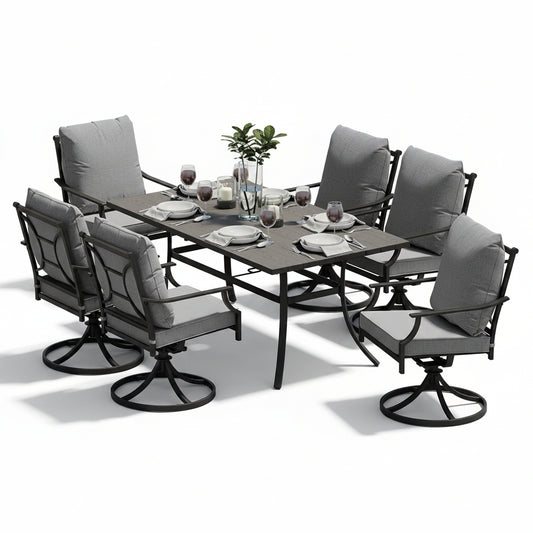 7-Piece Patio Dining Set for 6, E-Coated Outdoor Dining Set Swivel Patio Dining Chairs with Olefin Cushions & 1 Black Rectangular Faux Woodgrain Dining Table with 1.5”Market Umbrella Hole