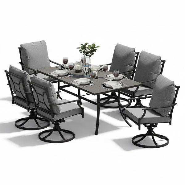 7-Piece Patio Dining Set for 6, E-Coated Outdoor Dining Set Swivel Patio Dining Chairs with Olefin Cushions & 1 Black Rectangular Faux Woodgrain Dining Table with 1.5”Market Umbrella Hole