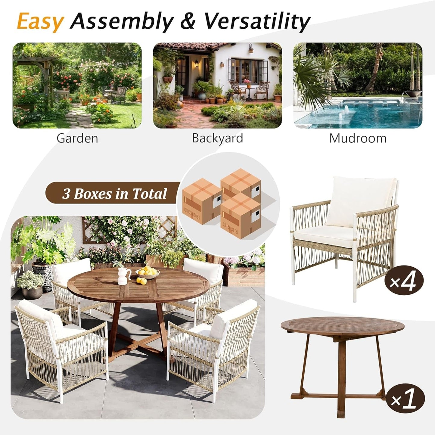 5 Piece Patio Dining Set, Outdoor Acacia Wood Extendable round Table with 12 Inch Butterfly Leaf and 4 Rattan Arm Chairs W/Cousions & Pillows for Backyard,Balcony, Garden, Poolsid, Natural