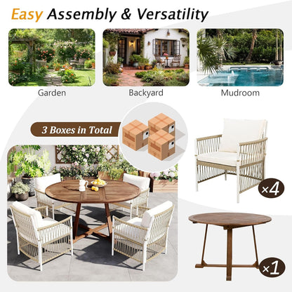 5 Piece Patio Dining Set, Outdoor Acacia Wood Extendable round Table with 12 Inch Butterfly Leaf and 4 Rattan Arm Chairs W/Cousions & Pillows for Backyard,Balcony, Garden, Poolsid, Natural