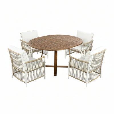5 Piece Patio Dining Set, Outdoor Acacia Wood Extendable round Table with 12 Inch Butterfly Leaf and 4 Rattan Arm Chairs W/Cousions & Pillows for Backyard,Balcony, Garden, Poolsid, Natural
