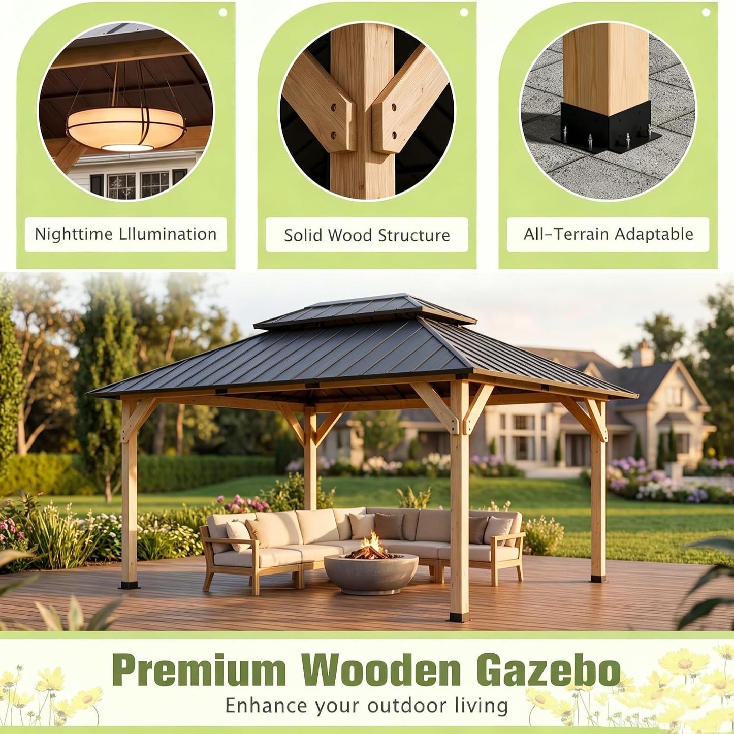 10' X 12' Wooden Gazebo,Patio Hardtop DIY Color Gazebo Wood | Permanent Pavilion with Galvanized Steel Double Metal Roof for Backyard, Deck(Windproof, Snow-Load Bearing,Rustproof)