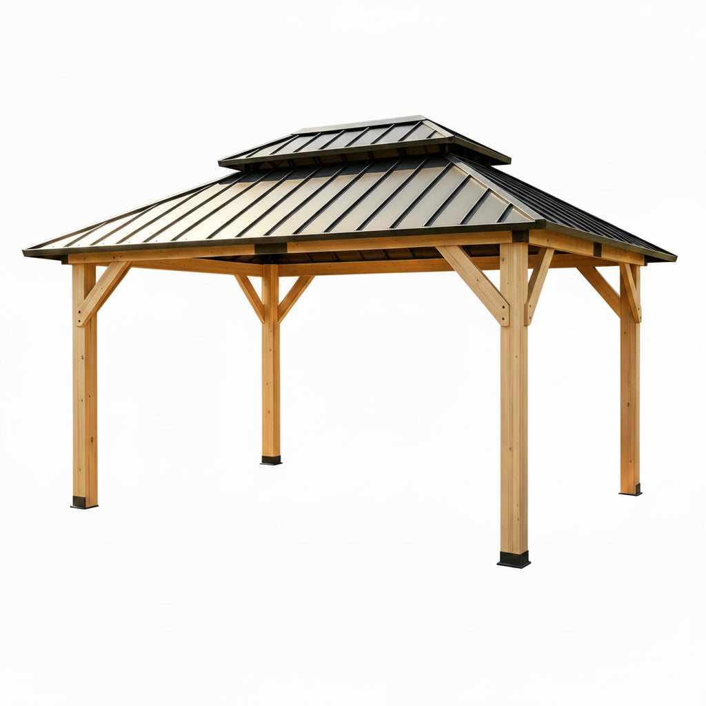 10' X 12' Wooden Gazebo,Patio Hardtop DIY Color Gazebo Wood | Permanent Pavilion with Galvanized Steel Double Metal Roof for Backyard, Deck(Windproof, Snow-Load Bearing,Rustproof)