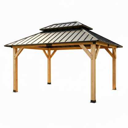 10' X 12' Wooden Gazebo,Patio Hardtop DIY Color Gazebo Wood | Permanent Pavilion with Galvanized Steel Double Metal Roof for Backyard, Deck(Windproof, Snow-Load Bearing,Rustproof)