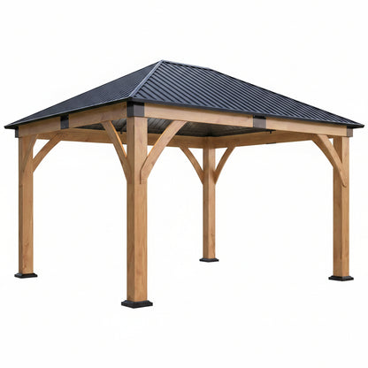 11FT X 13FT Outdoor Spruce Wood Gazebo | Patio Wooden Frame Gazebo with Galvanized Steel Roof, Heavy-Duty Hardtop Gazebos for Garden, Poolside, Deck, Backyard
