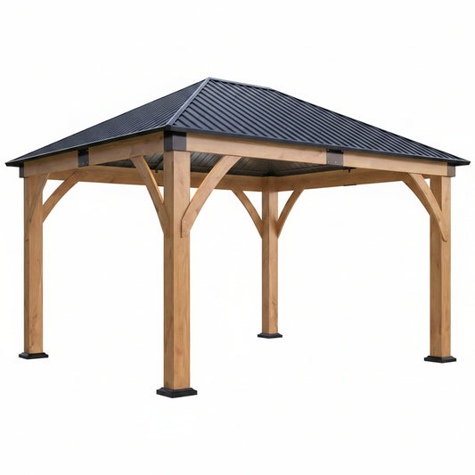 11FT X 13FT Outdoor Spruce Wood Gazebo | Patio Wooden Frame Gazebo with Galvanized Steel Roof, Heavy-Duty Hardtop Gazebos for Garden, Poolside, Deck, Backyard