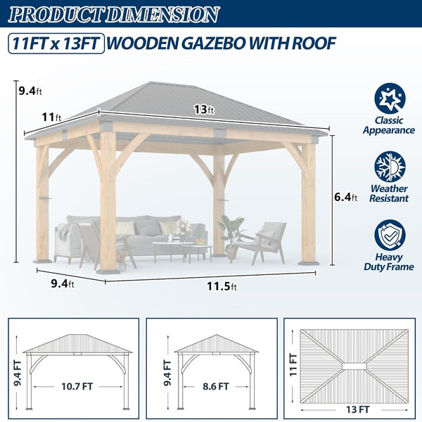 11FT X 13FT Outdoor Spruce Wood Gazebo | Patio Wooden Frame Gazebo with Galvanized Steel Roof, Heavy-Duty Hardtop Gazebos for Garden, Poolside, Deck, Backyard
