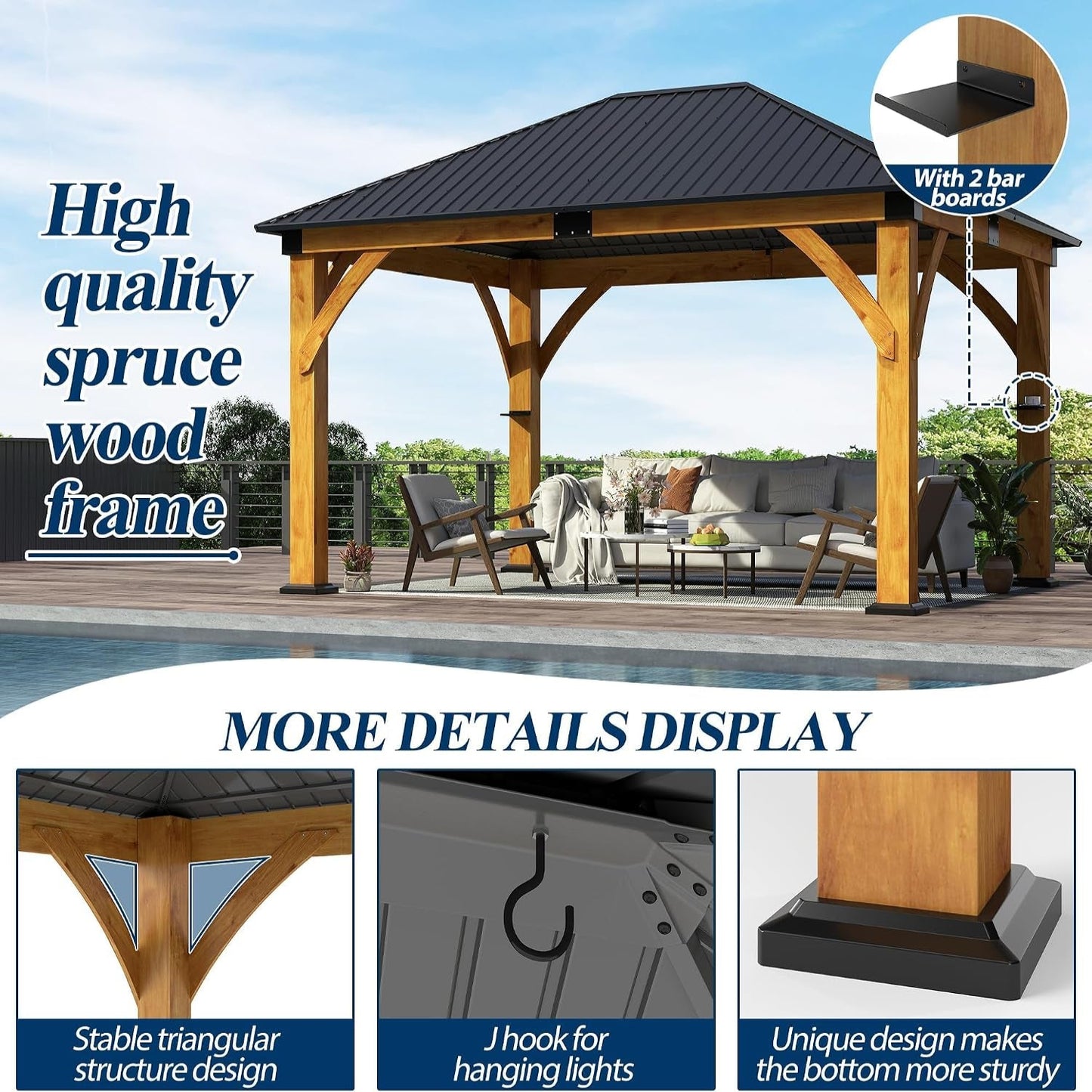 11FT X 13FT Outdoor Spruce Wood Gazebo | Patio Wooden Frame Gazebo with Galvanized Steel Roof, Heavy-Duty Hardtop Gazebos for Garden, Poolside, Deck, Backyard