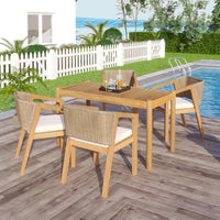 Acacia Wood Outdoor Dining Set for 5, All Weather Patio Table and 4 Chairs with Rattan Wicker for Garden, Backyard, Poolside, Balcony, Light Teak