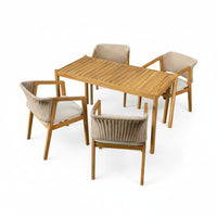 Acacia Wood Outdoor Dining Set for 5, All Weather Patio Table and 4 Chairs with Rattan Wicker for Garden, Backyard, Poolside, Balcony, Light Teak