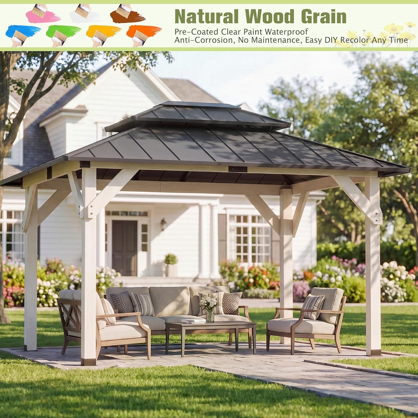 10' X 12' Wooden Gazebo,Patio Hardtop DIY Color Gazebo Wood | Permanent Pavilion with Galvanized Steel Double Metal Roof for Backyard, Deck(Windproof, Snow-Load Bearing,Rustproof)