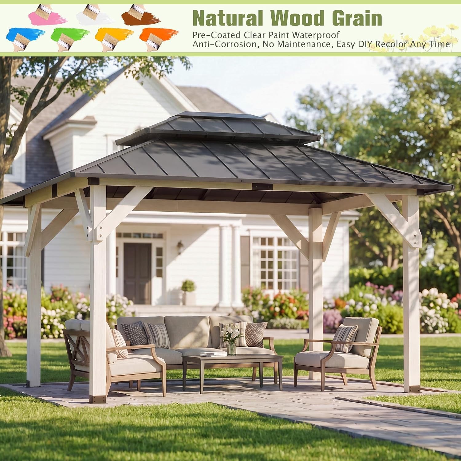 10' X 12' Wooden Gazebo,Patio Hardtop DIY Color Gazebo Wood | Permanent Pavilion with Galvanized Steel Double Metal Roof for Backyard, Deck(Windproof, Snow-Load Bearing,Rustproof)