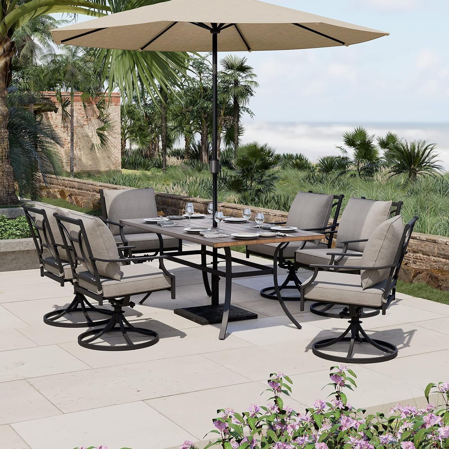 7-Piece Patio Dining Set for 6, E-Coated Outdoor Dining Set Swivel Patio Dining Chairs with Olefin Cushions & 1 Black Rectangular Faux Woodgrain Dining Table with 1.5”Market Umbrella Hole