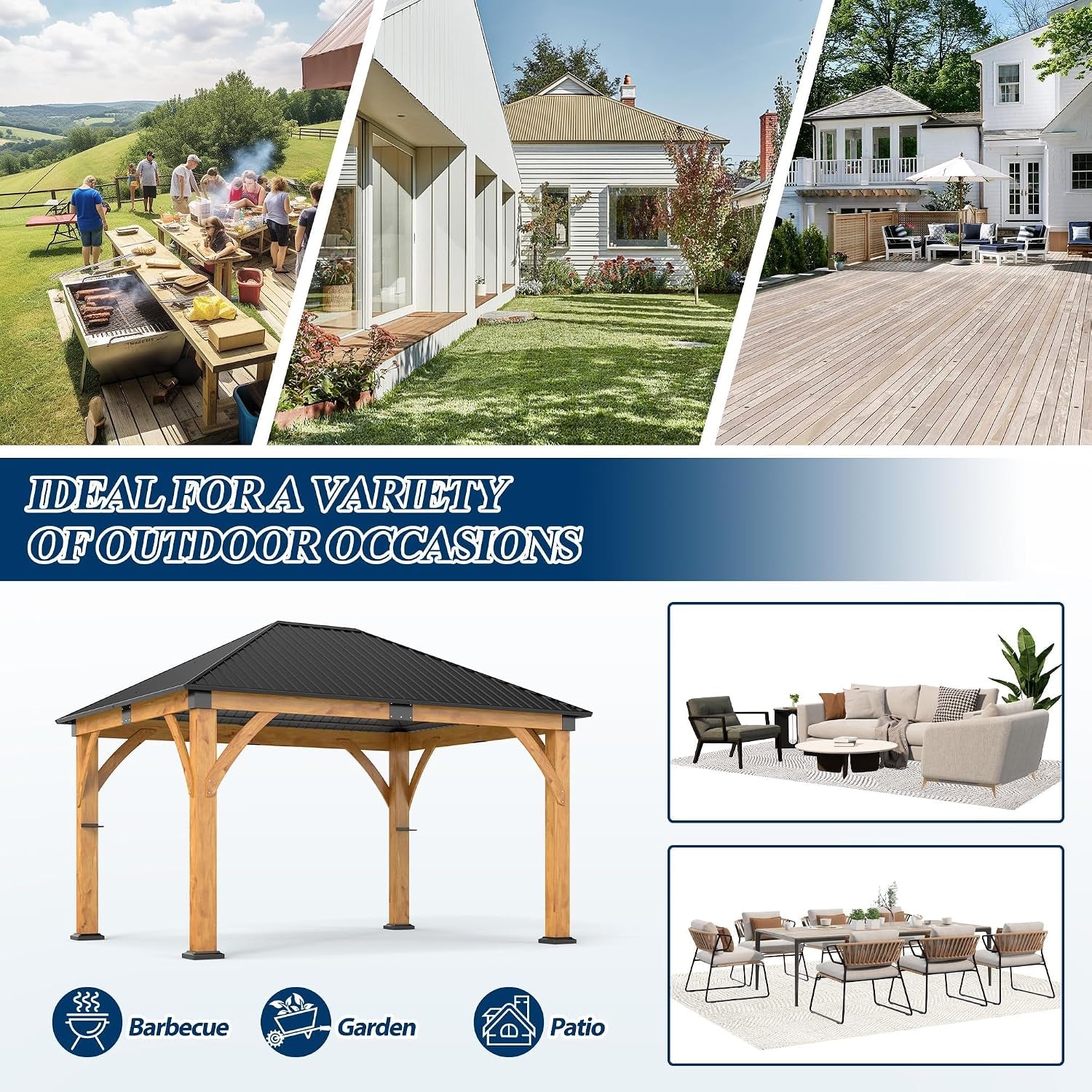 11FT X 13FT Outdoor Spruce Wood Gazebo | Patio Wooden Frame Gazebo with Galvanized Steel Roof, Heavy-Duty Hardtop Gazebos for Garden, Poolside, Deck, Backyard
