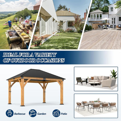 11FT X 13FT Outdoor Spruce Wood Gazebo | Patio Wooden Frame Gazebo with Galvanized Steel Roof, Heavy-Duty Hardtop Gazebos for Garden, Poolside, Deck, Backyard