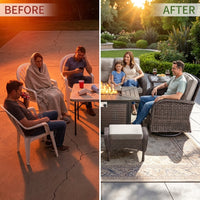 7 Piece Outdoor Patio Furniture Set, Patio Furniture Set with Fire Pit Table Rattan Wicker Patio Furniture Set, Brown Wicker & Beige Cushion — Before & After