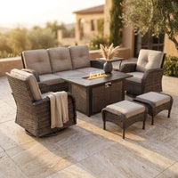 7 Piece Outdoor Patio Furniture Set, Patio Furniture Set with Fire Pit Table Rattan Wicker Patio Furniture Set, Brown Wicker & Beige Cushion — Studio Shot