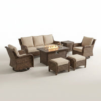 7 Piece Outdoor Patio Furniture Set, Patio Furniture Set with Fire Pit Table Rattan Wicker Patio Furniture Set, Brown Wicker & Beige Cushion — Studio Shot