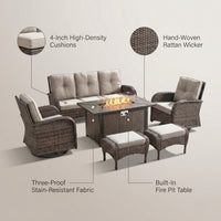 7 Piece Outdoor Patio Furniture Set, Patio Furniture Set with Fire Pit Table Rattan Wicker Patio Furniture Set, Brown Wicker & Beige Cushion — infographic