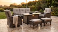 7 Piece Outdoor Patio Furniture Set, Patio Furniture Set with Fire Pit Table Rattan Wicker Patio Furniture Set, Brown Wicker & Beige Cushion — Lifestyle