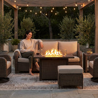 7 Piece Outdoor Patio Furniture Set, Patio Furniture Set with Fire Pit Table Rattan Wicker Patio Furniture Set, Brown Wicker & Beige Cushion — Lifestyle
