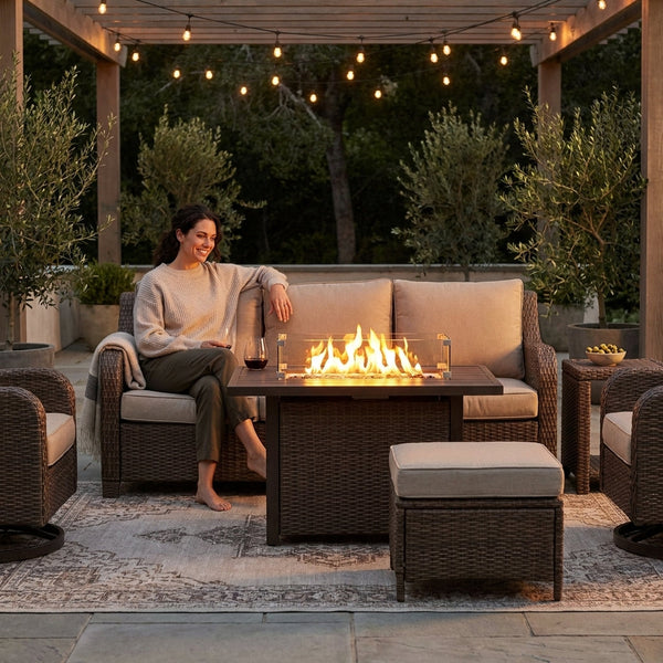Outdoor Patio Furniture Set Built for All-Season Use, 7 Piece with Fire Pit Table, Rattan Wicker, 50K BTU