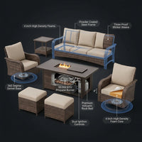 7 Piece Outdoor Patio Furniture Set, Patio Furniture Set with Fire Pit Table Rattan Wicker Patio Furniture Set, Brown Wicker & Beige Cushion — How It Works