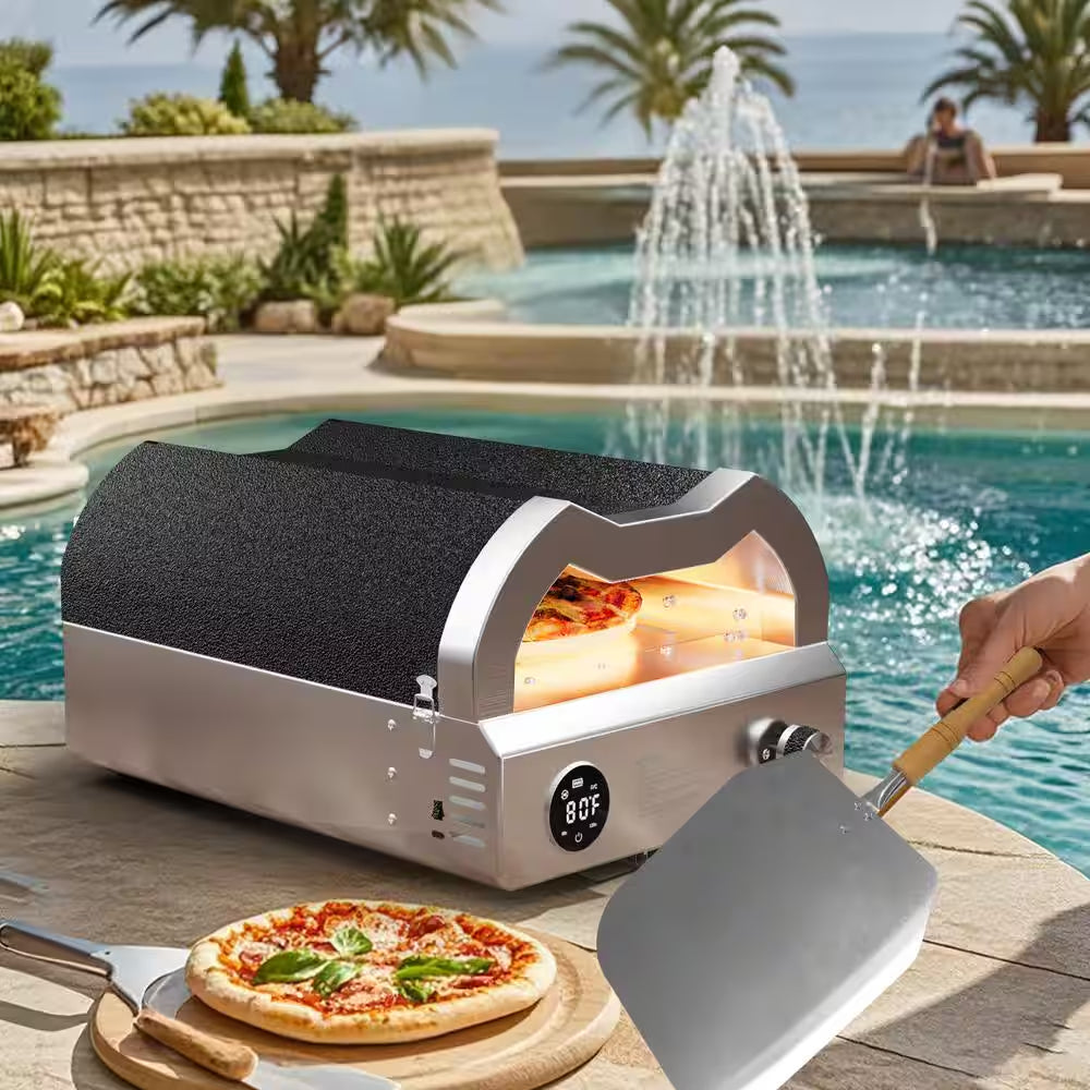 12 In. Propane Pizza Oven, Outdoor Pizza Oven in Black with Rotating Pizza Stone, Glove and Pizza Cutter