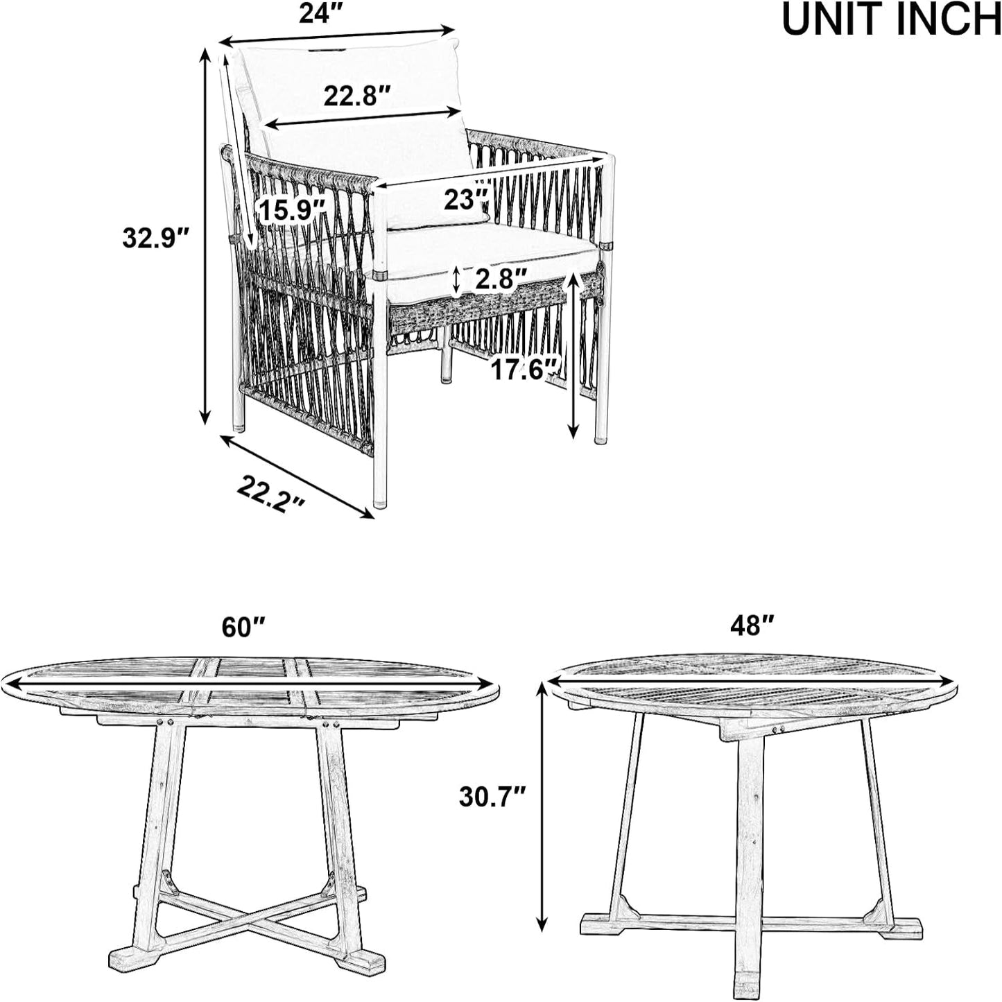 5 Piece Patio Dining Set, Outdoor Acacia Wood Extendable round Table with 12 Inch Butterfly Leaf and 4 Rattan Arm Chairs W/Cousions & Pillows for Backyard,Balcony, Garden, Poolsid, Natural