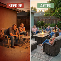 9-Piece Outdoor Patio Furniture Set with Fire Pit Table,Swivel Chairs and 6" Thick Cushions,Sectional Sofa and Ottomans,Patio Conversation Set for Porch Deck Garden Backyard — Before & After