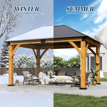 11FT X 13FT Outdoor Spruce Wood Gazebo | Patio Wooden Frame Gazebo with Galvanized Steel Roof, Heavy-Duty Hardtop Gazebos for Garden, Poolside, Deck, Backyard