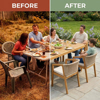 Acacia Wood Outdoor Dining Set for 5, All Weather Patio Table and 4 Chairs with Rattan Wicker for Garden, Backyard, Poolside, Balcony, Light Teak — Before & After