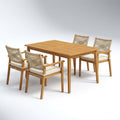 Outdoor Dining Set Built for All Weather, Acacia Wood Table, 4 Rattan Wicker Chairs, Light Teak Finish