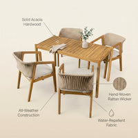 Acacia Wood Outdoor Dining Set for 5, All Weather Patio Table and 4 Chairs with Rattan Wicker for Garden, Backyard, Poolside, Balcony, Light Teak — infographic