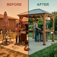 Modern Shade Wood Grill Gazebo 6X8 with USB Charging Power Strip & Shelves | Cedar Wood Gazebo with Galvanized Steel Roof and Paper Towel Holder, Bar Gazebo with Hooks, BBQ Gazebo for Outdoor Grill — Before & After