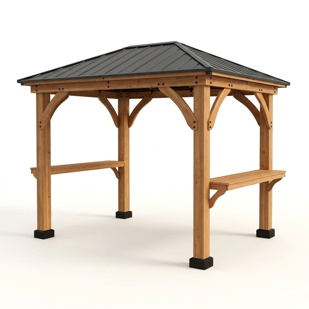 Modern Shade Wood Grill Gazebo 6X8 with USB Charging Power Strip & Shelves | Cedar Wood Gazebo with Galvanized Steel Roof and Paper Towel Holder, Bar Gazebo with Hooks, BBQ Gazebo for Outdoor Grill — Studio Shot