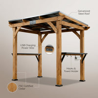 Modern Shade Wood Grill Gazebo 6X8 with USB Charging Power Strip & Shelves | Cedar Wood Gazebo with Galvanized Steel Roof and Paper Towel Holder, Bar Gazebo with Hooks, BBQ Gazebo for Outdoor Grill — infographic