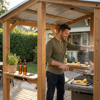 Modern Shade Wood Grill Gazebo 6X8 with USB Charging Power Strip & Shelves | Cedar Wood Gazebo with Galvanized Steel Roof and Paper Towel Holder, Bar Gazebo with Hooks, BBQ Gazebo for Outdoor Grill — Lifestyle