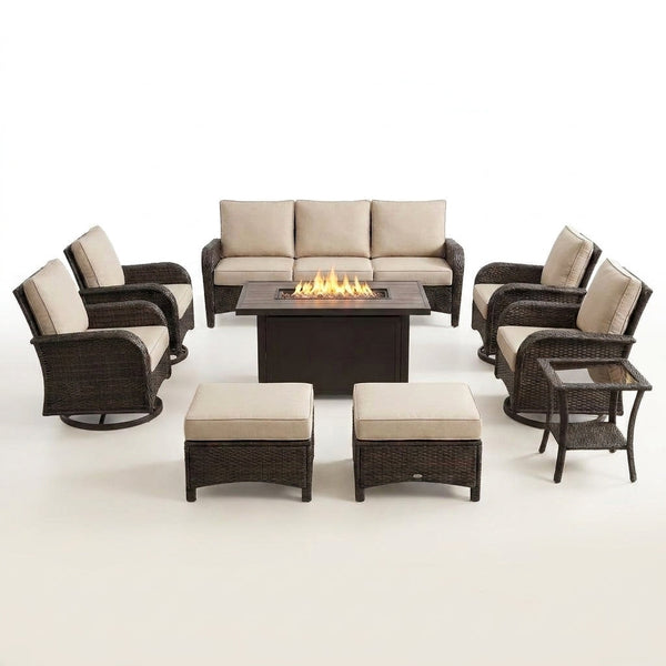 Outdoor Patio Furniture Set Built for All-Weather Use, Fire Pit Table, Swivel Chairs, Sectional Sofa — Studio Shot