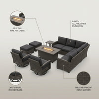 Outdoor Patio Furniture Set Built for All-Weather Use, Fire Pit Table, Swivel Chairs, Sectional Sofa — infographic
