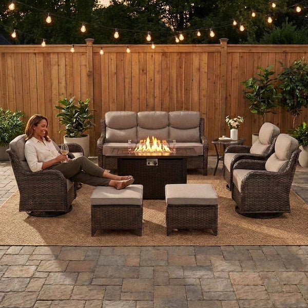 Outdoor Patio Furniture Set Built for All-Weather Use, Fire Pit Table, Swivel Chairs, 6-Inch Cushions