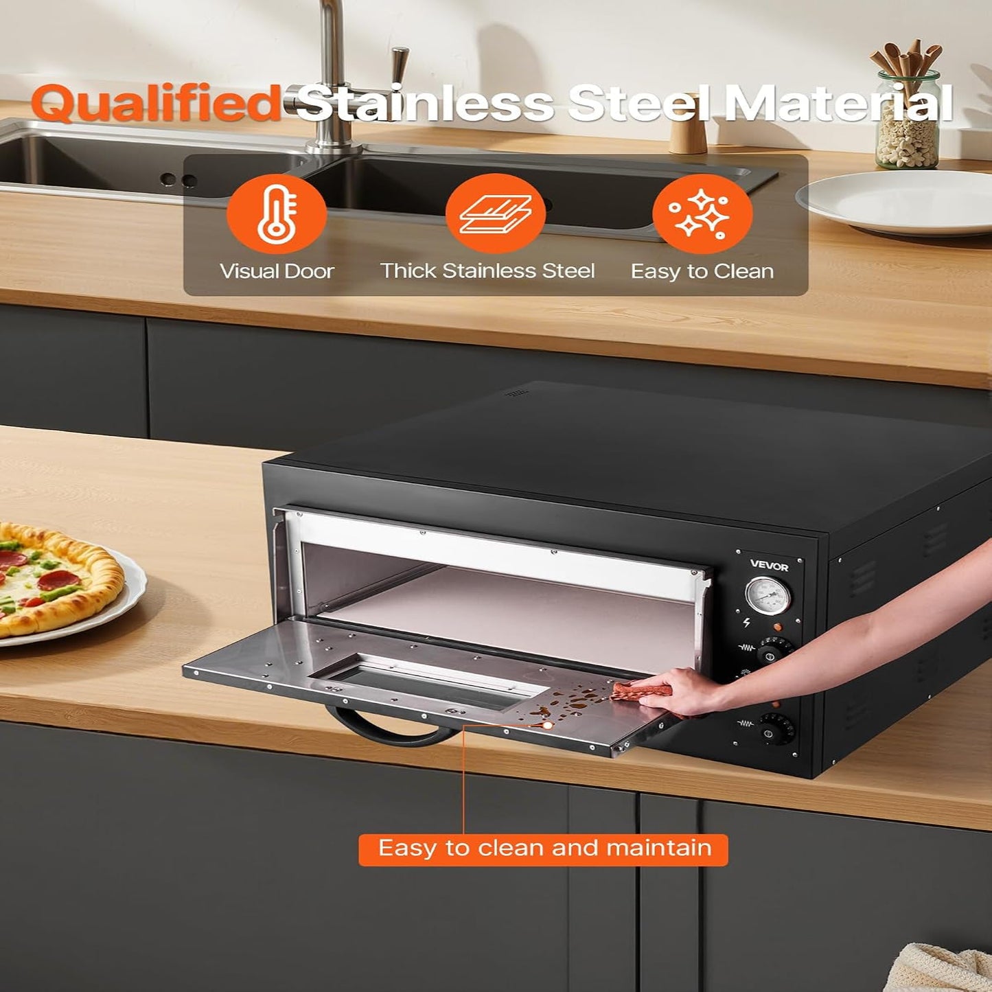 Pizza Oven Electric, 24" Commercial Countertop Pizza Oven, 842°F Max Temp, 4200W Indoor Pizza Maker with Thermometer, Dual Temp Control Knob, Even Heat Pizza Cooker for Restaurant and Home Use