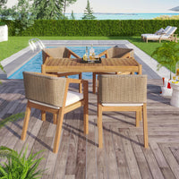 Acacia Wood Outdoor Dining Set for 5, All Weather Patio Table and 4 Chairs with Rattan Wicker for Garden, Backyard, Poolside, Balcony, Light Teak