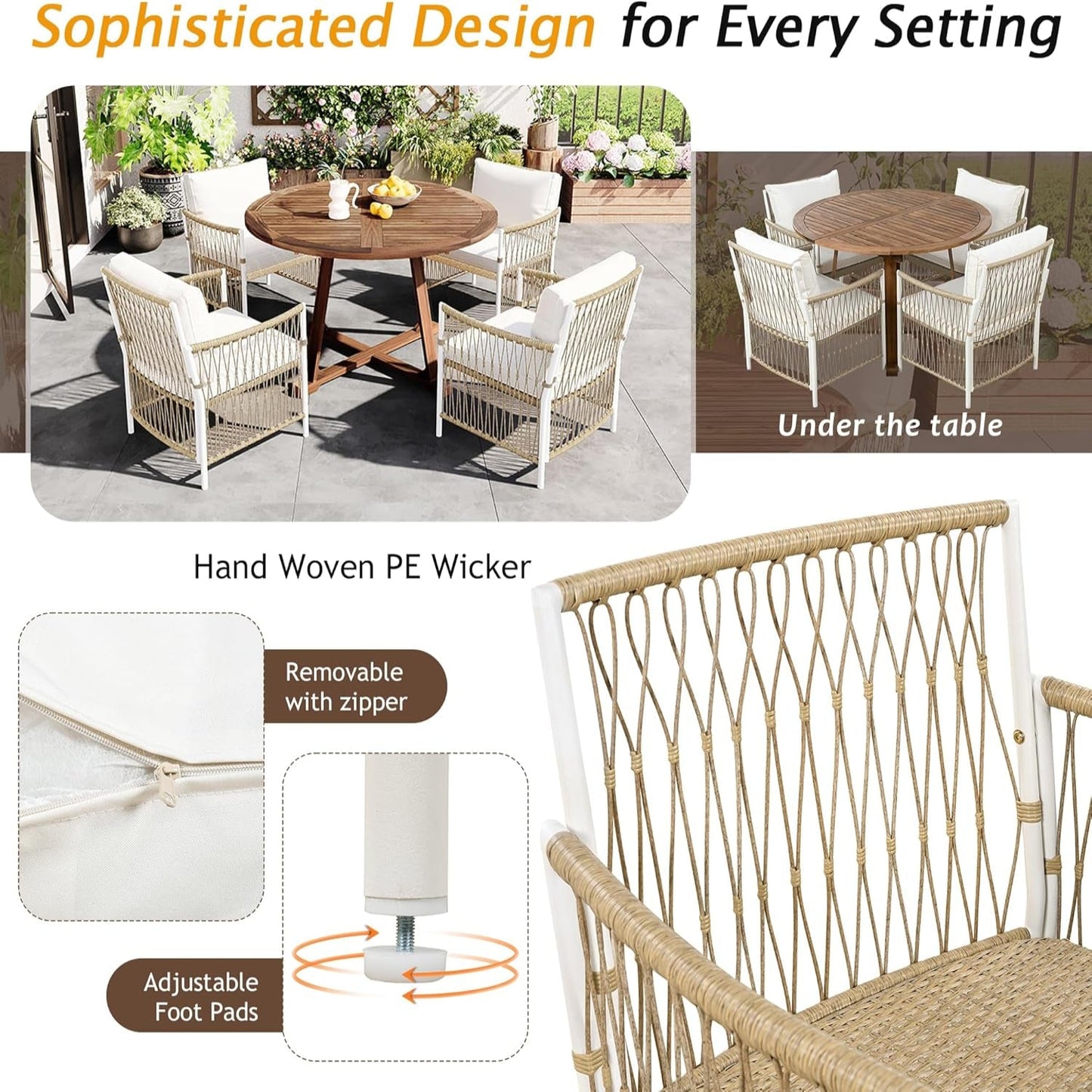 5 Piece Patio Dining Set, Outdoor Acacia Wood Extendable round Table with 12 Inch Butterfly Leaf and 4 Rattan Arm Chairs W/Cousions & Pillows for Backyard,Balcony, Garden, Poolsid, Natural