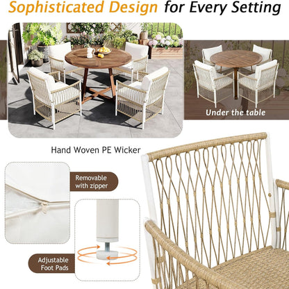5 Piece Patio Dining Set, Outdoor Acacia Wood Extendable round Table with 12 Inch Butterfly Leaf and 4 Rattan Arm Chairs W/Cousions & Pillows for Backyard,Balcony, Garden, Poolsid, Natural