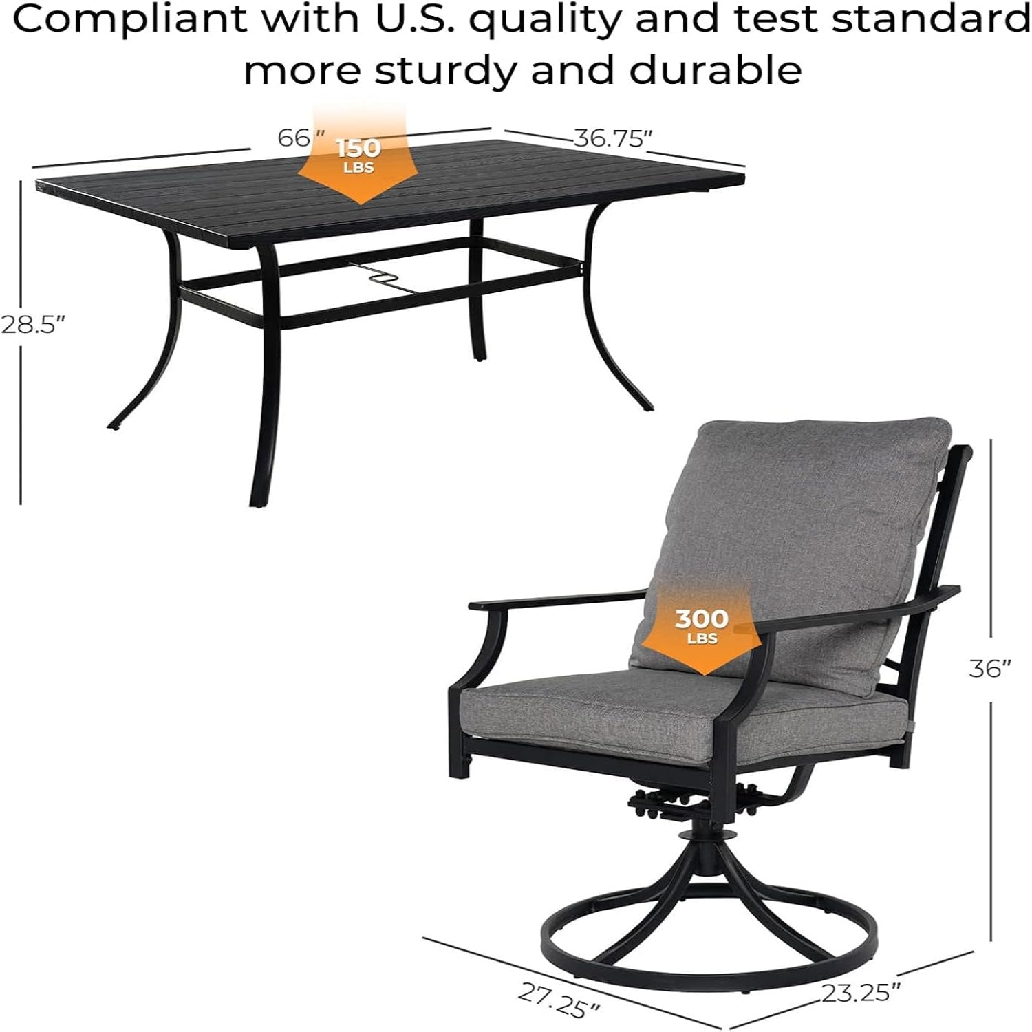 7-Piece Patio Dining Set for 6, E-Coated Outdoor Dining Set Swivel Patio Dining Chairs with Olefin Cushions & 1 Black Rectangular Faux Woodgrain Dining Table with 1.5”Market Umbrella Hole
